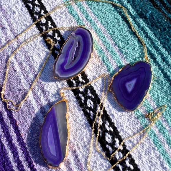 HP🎉 Gold Amethyst Crystal Agate Slice Necklace - Picture 3 of 5